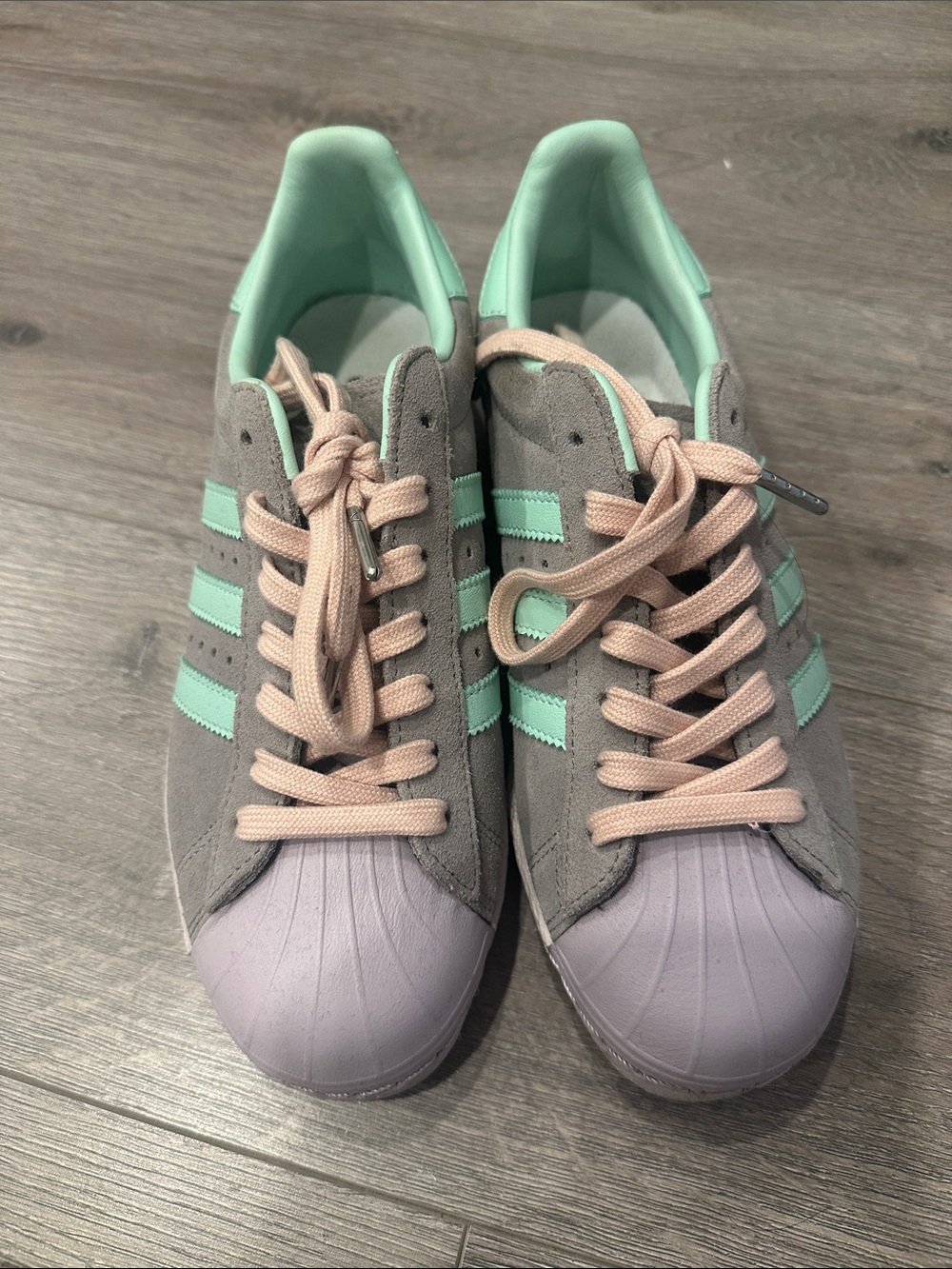 adidas Women's Gray Suede Sneakers with Mint Stripes and Lavender Toe